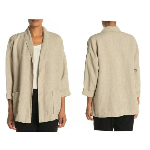 EILEEN FISHER Blazer Womens 2X Cream Heavy Organic Linen Shawl Collar Jacket NWT - Picture 1 of 15